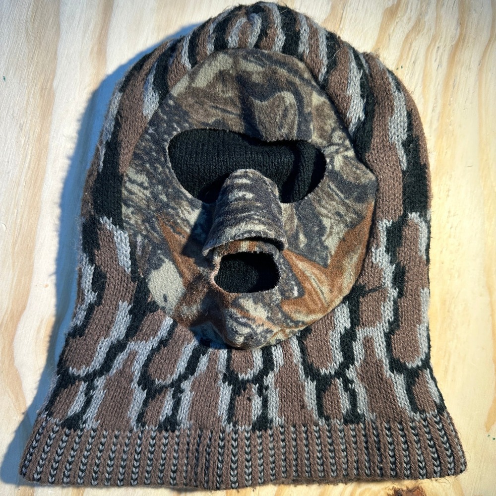 Vintage Tree Bark Camo Knit Balaclava Full Face Mask Made in USA Brown Camo